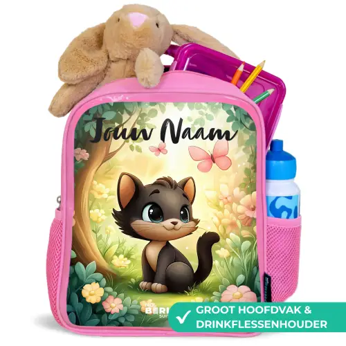 Kat - Vlinder - Bloemen Kinderrugzak - Roze middel -inhoud_NL
