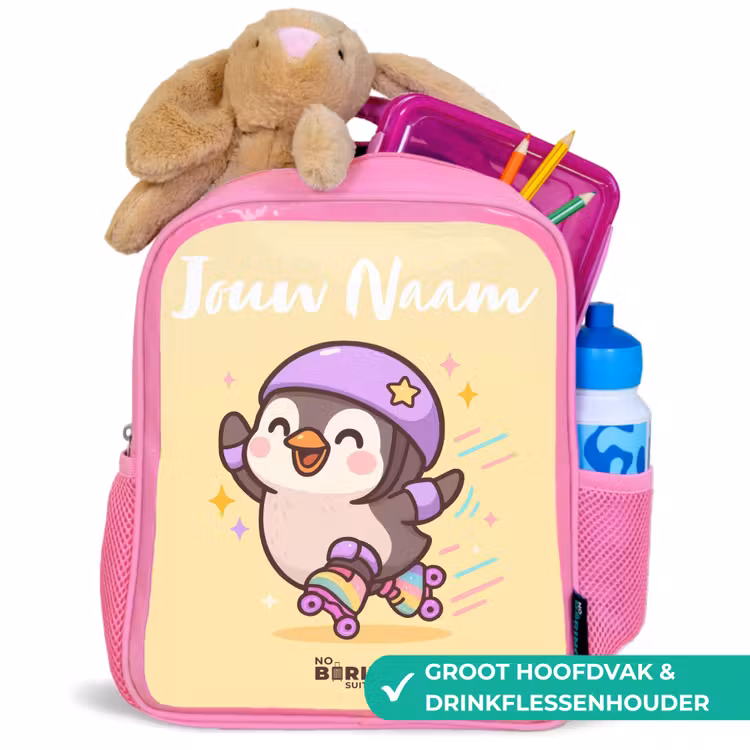 Kawai - Pinguin - Rolschaatsen Kinderrugzak - Roze middel -inhoud_NL