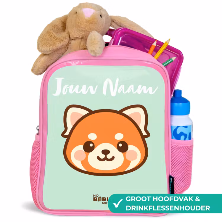 Kawai - Rode panda - Groen Kinderrugzak - Roze middel -inhoud_NL