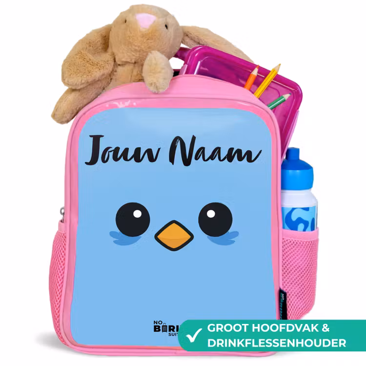 Kawai - Vogel - Blauw Kinderrugzak - Roze middel -inhoud_NL