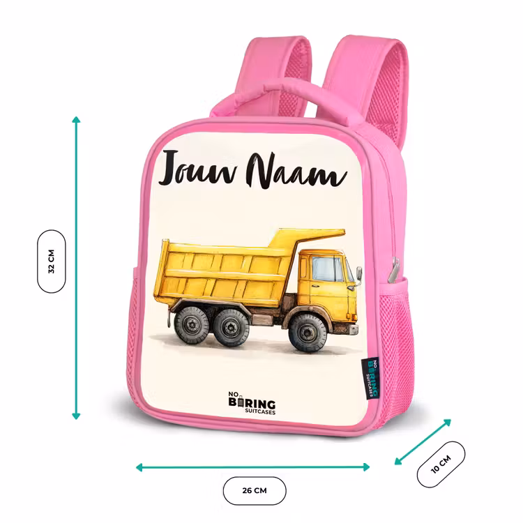 Kiepwagen - Getekend - Geel Kinderrugzak - Roze middel -productfoto_formaten