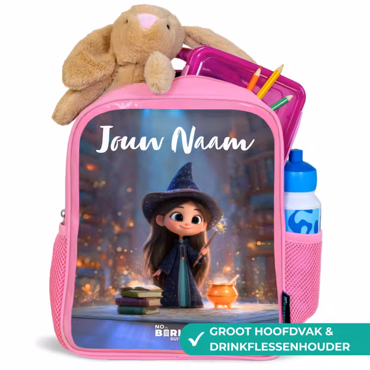 Kleine tovernares in bibliotheek Kinderrugzak - Roze middel -inhoud_NL