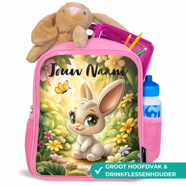 Konijn - Zonlicht - Sprookjesachtig - Vlinder Kinderrugzak - Roze middel -inhoud_NL