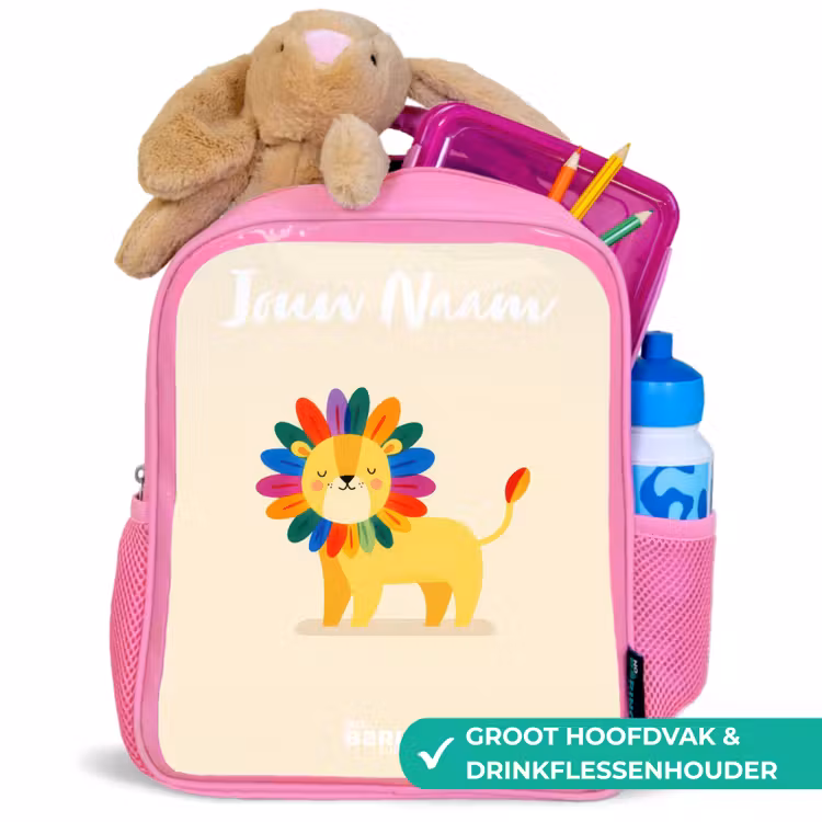 Leeuw - Manen - Kleurrijk Kinderrugzak - Roze middel -inhoud_NL