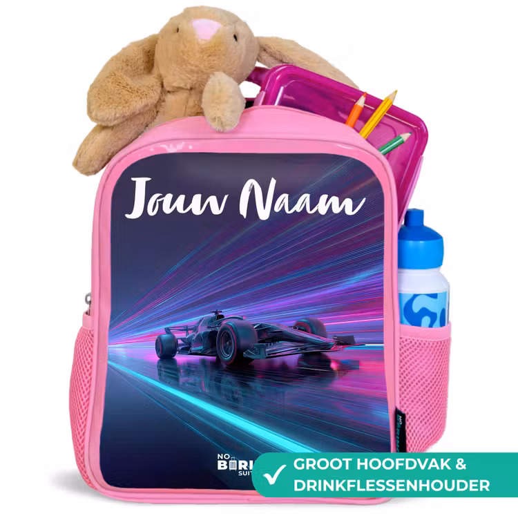 Lichtstralen - Neon - Racewagen - Paars Kinderrugzak - Roze middel -inhoud_NL