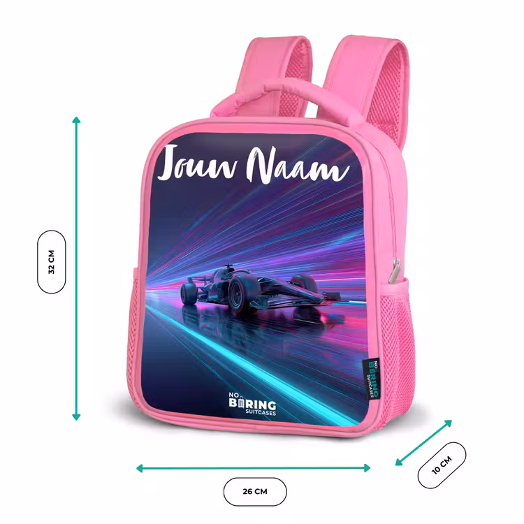 Lichtstralen - Neon - Racewagen - Paars Kinderrugzak - Roze middel -productfoto_formaten