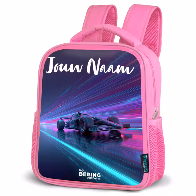 Lichtstralen - Neon - Racewagen - Paars Kinderrugzak - Roze middel -schuin