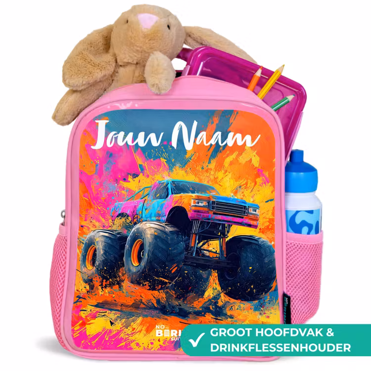 Monstertruck - Abstract - Verfspatten - Kleurrijk Kinderrugzak - Roze middel -inhoud_NL
