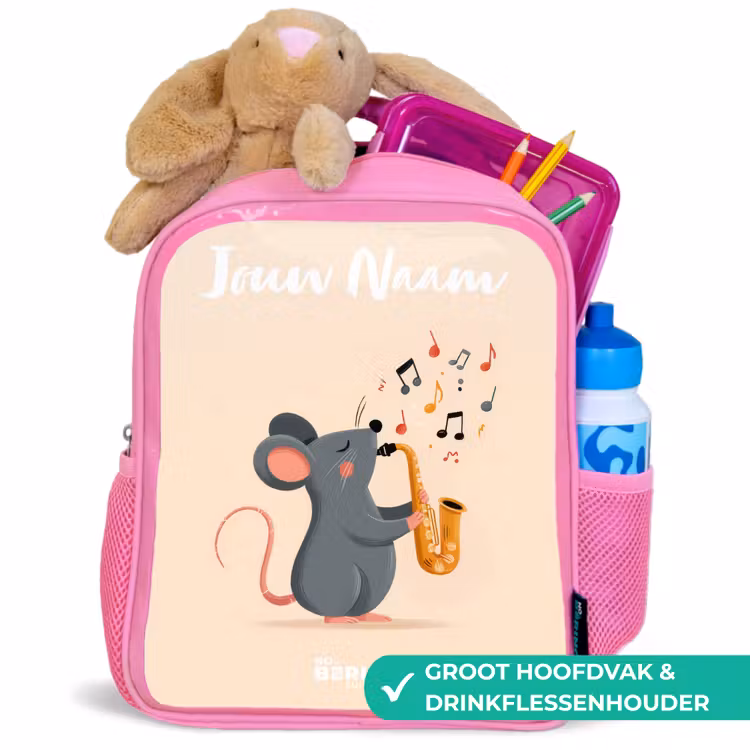Muis - Saxofoon - Muziek Kinderrugzak - Roze middel -inhoud_NL
