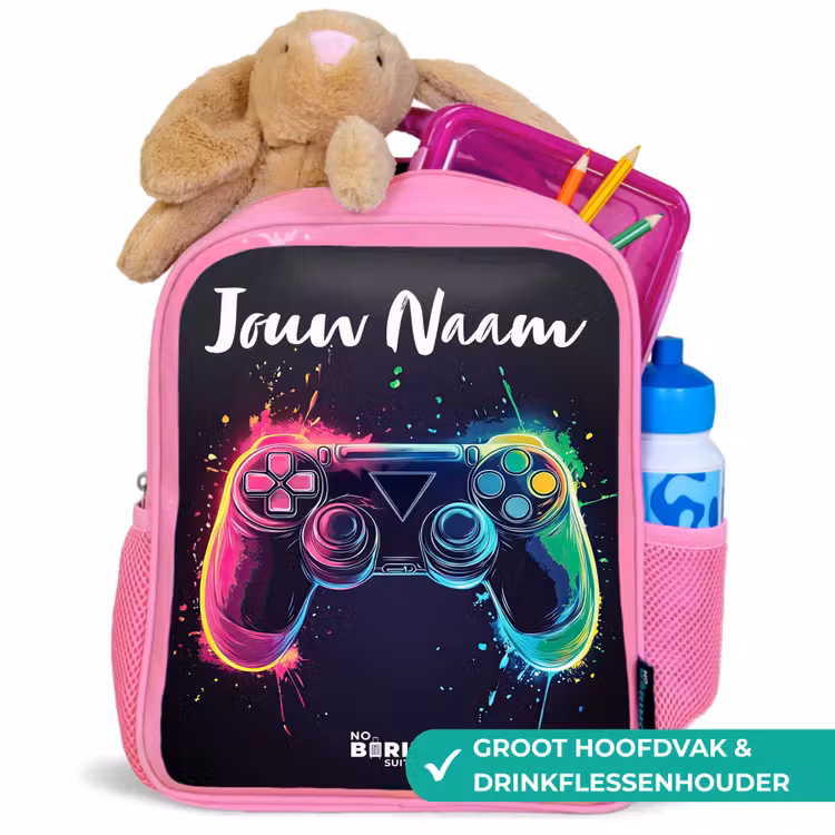 Neon - Controller - Verfspatten - Game Kinderrugzak - Roze middel -inhoud_NL