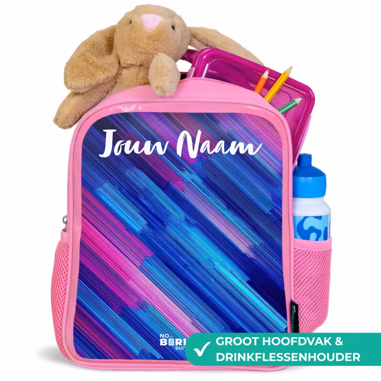 Neon - Strepen - Abstract - Blauw - Roze Kinderrugzak - Roze middel -inhoud_NL