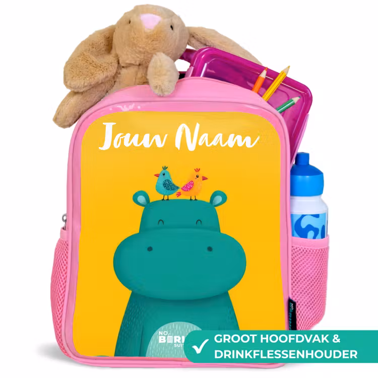 Nijlpaard - Vogels - Geel Kinderrugzak - Roze middel -inhoud_NL
