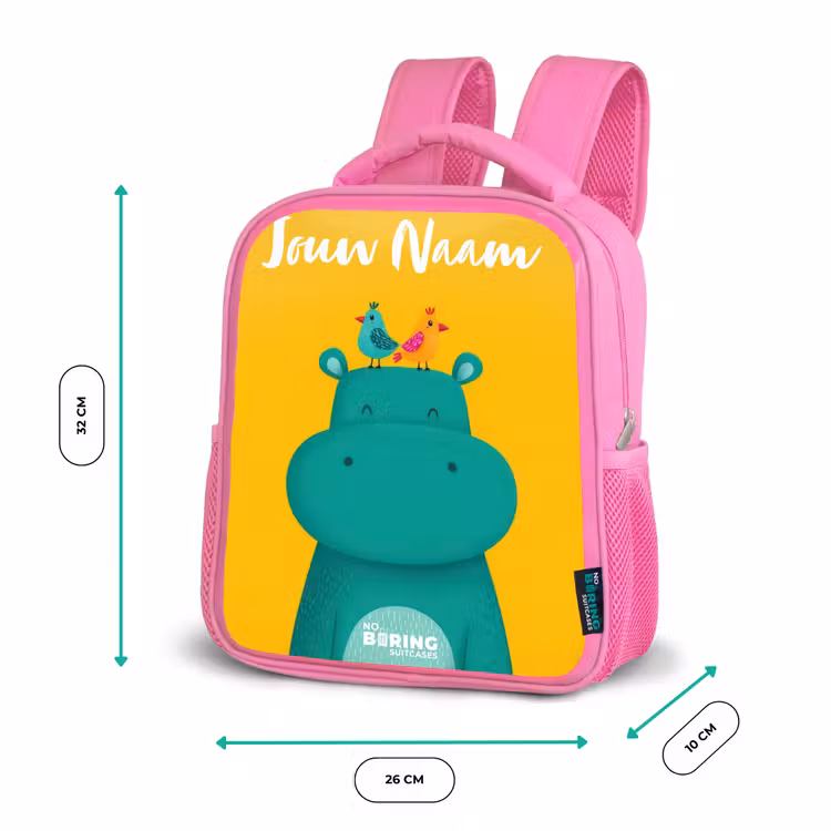 Nijlpaard - Vogels - Geel Kinderrugzak - Roze middel -productfoto_formaten
