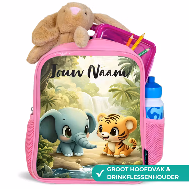Olifant - Tijger - Bos - Jungle Kinderrugzak - Roze middel -inhoud_NL