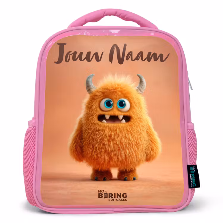 Oranje Pluizig Monster met Hoorns Kinderrugzak - Roze middel -3d