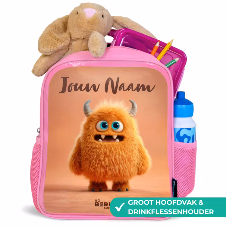 Oranje Pluizig Monster met Hoorns Kinderrugzak - Roze middel -inhoud_NL