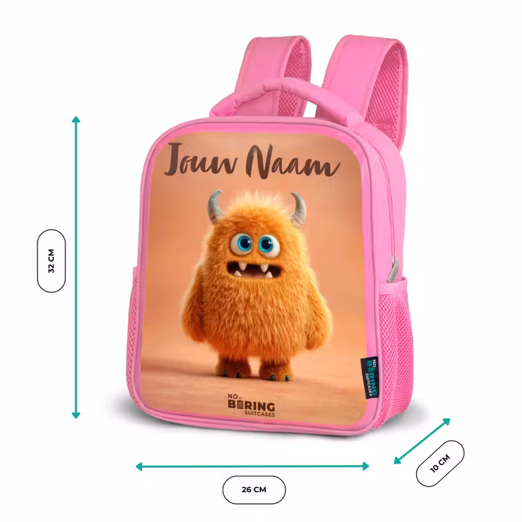 Oranje Pluizig Monster met Hoorns Kinderrugzak - Roze middel -productfoto_formaten