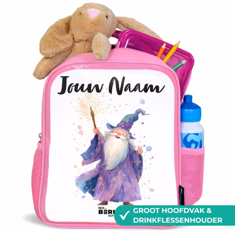 Oude tovenaar met staf Kinderrugzak - Roze middel -inhoud_NL