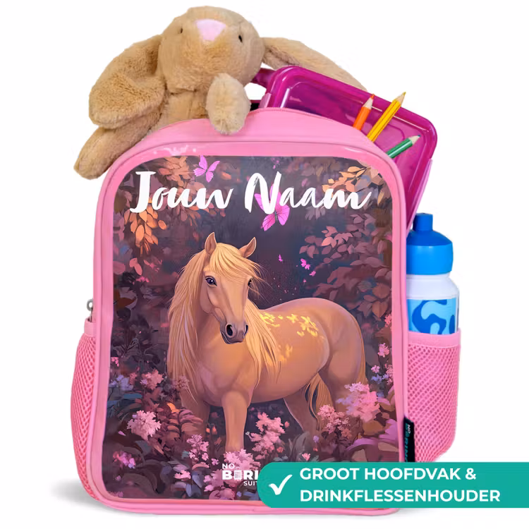 Paard - Bloemen - Paars - Vlinder Kinderrugzak - Roze middel -inhoud_NL