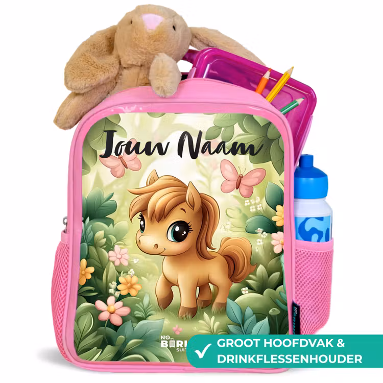 Paard - Bloemen - Vlinders Kinderrugzak - Roze middel -inhoud_NL