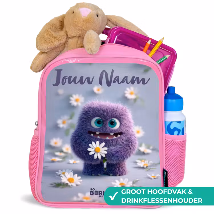 Paars Pluizig Vriendje met Madelief Kinderrugzak - Roze middel -inhoud_NL