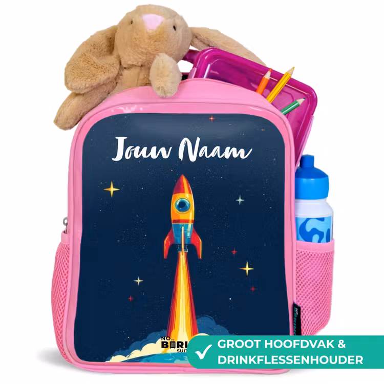 Planeet - Raket - Sterren - Donkerblauw Kinderrugzak - Roze middel -inhoud_NL