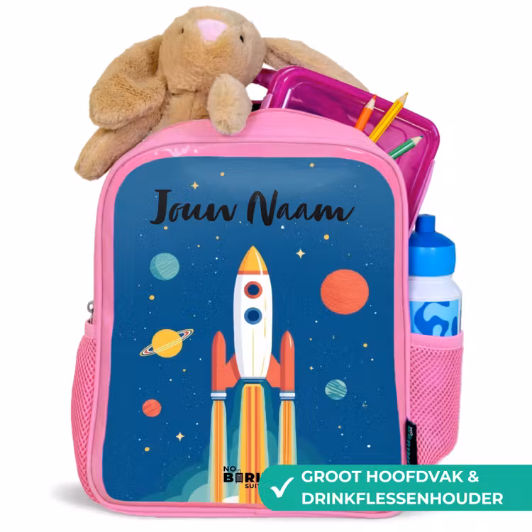 Raket - Planeet - Sterren - Veelkleurig Kinderrugzak - Roze middel -inhoud_NL