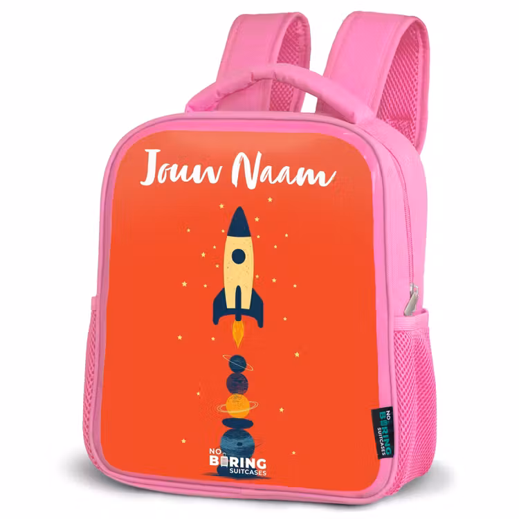 Raket - Sterren - Planeten Kinderrugzak - Roze middel -schuin