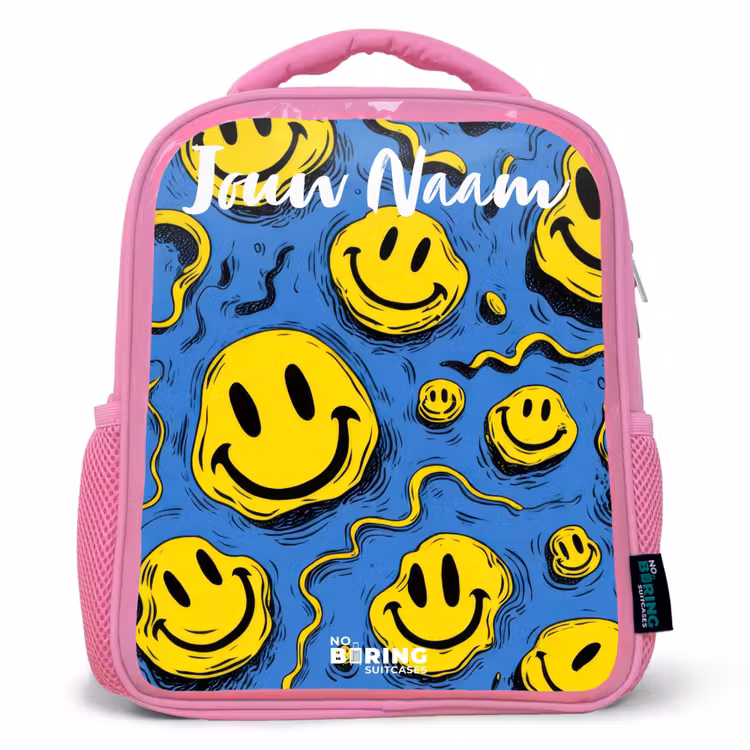 Smiley - Blauw - Geel Kinderrugzak - Roze middel -3d