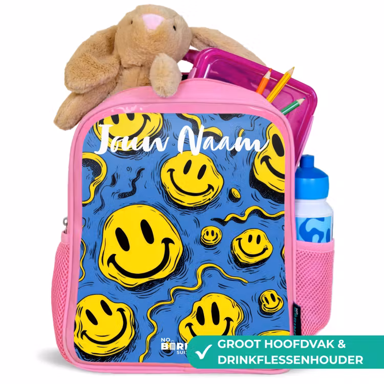 Smiley - Blauw - Geel Kinderrugzak - Roze middel -inhoud_NL