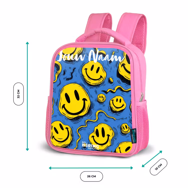 Smiley - Blauw - Geel Kinderrugzak - Roze middel -productfoto_formaten