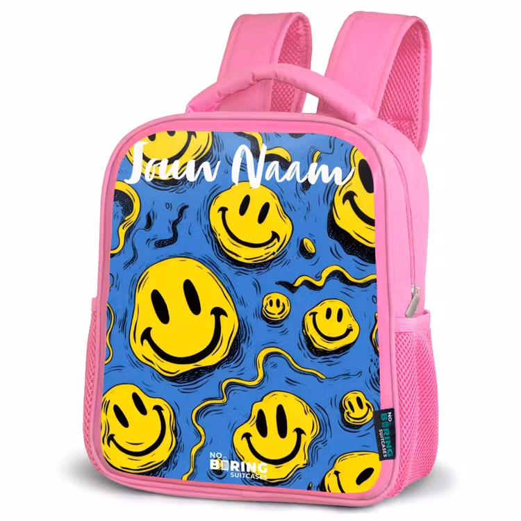 Smiley - Blauw - Geel Kinderrugzak - Roze middel -schuin