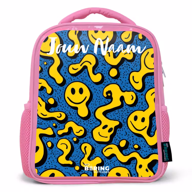 Smiley - Geel - Blauw Kinderrugzak - Roze middel -3d