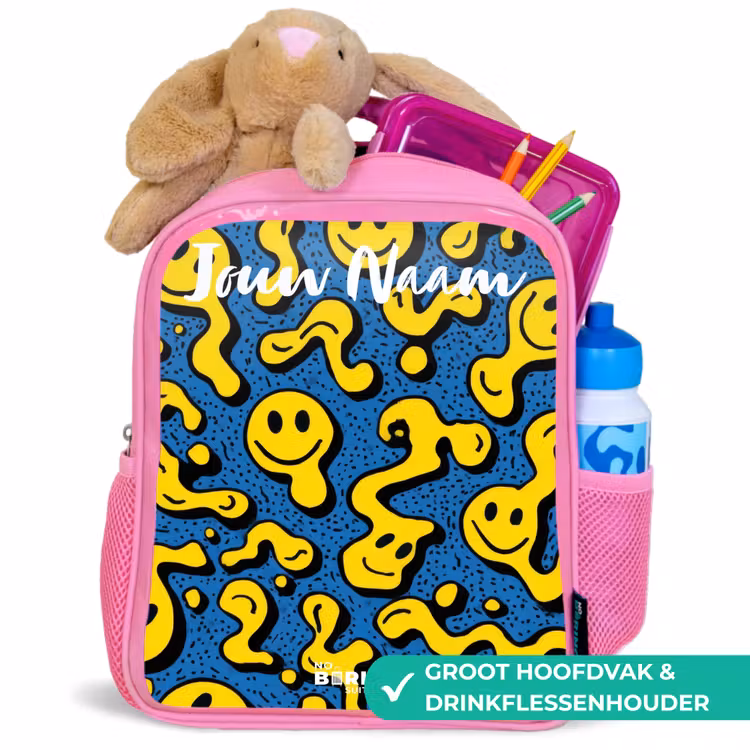 Smiley - Geel - Blauw Kinderrugzak - Roze middel -inhoud_NL