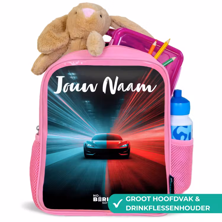 Sportauto - Blauw - Neon - Stad Kinderrugzak - Roze middel -inhoud_NL