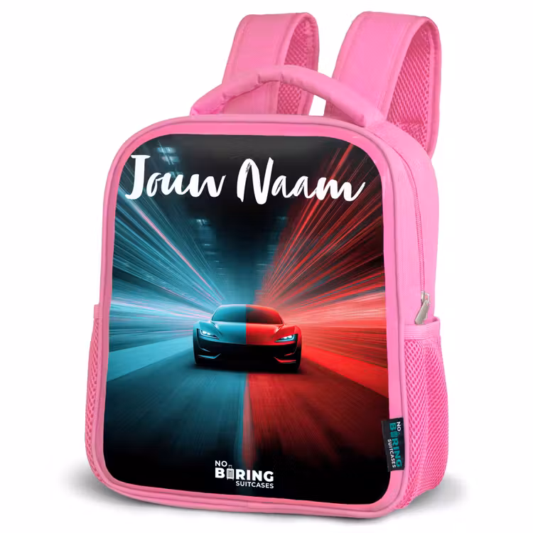 Sportauto - Blauw - Neon - Stad Kinderrugzak - Roze middel -schuin
