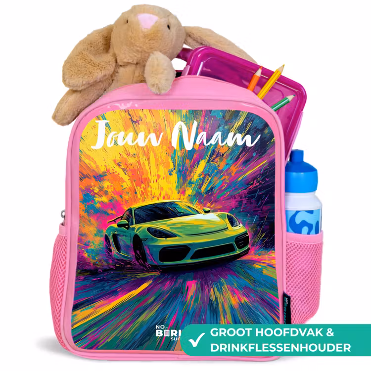 Sportauto - Groen - Verfstrepen - Kleuren Kinderrugzak - Roze middel -inhoud_NL