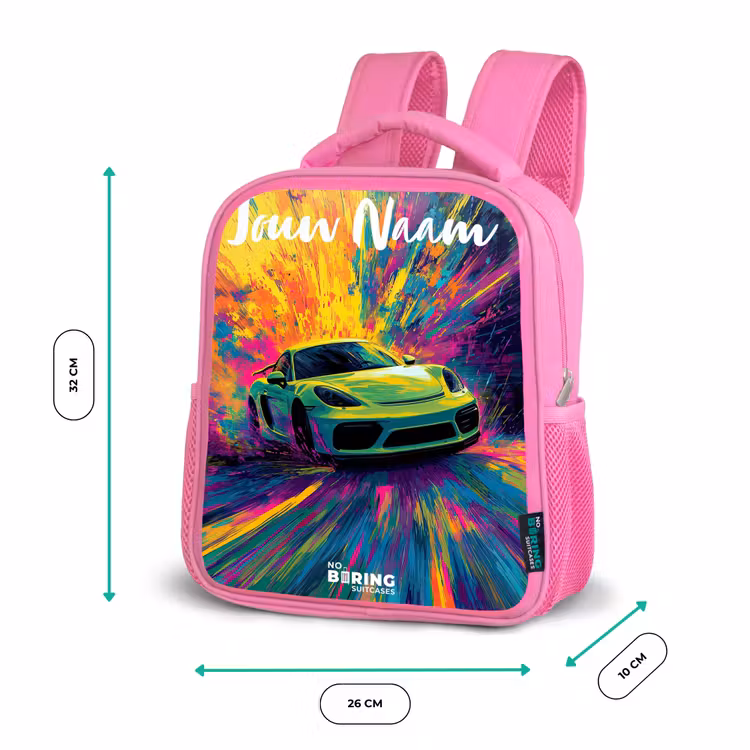 Sportauto - Groen - Verfstrepen - Kleuren Kinderrugzak - Roze middel -productfoto_formaten