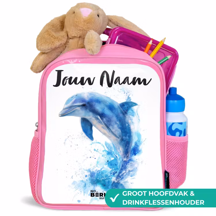 Springende blauwe dolfijn Kinderrugzak - Roze middel -inhoud_NL
