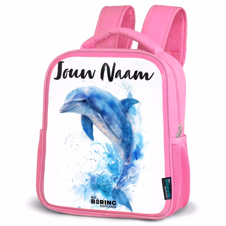 Springende blauwe dolfijn Kinderrugzak - Roze middel -schuin