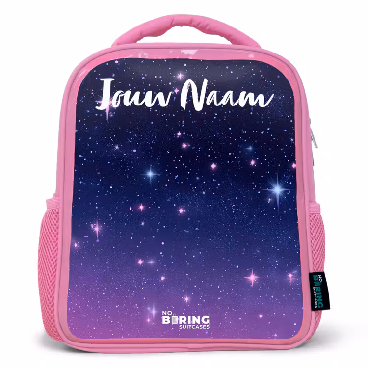 Sterren - Galaxy - Blauw - Roze Kinderrugzak - Roze middel -3d