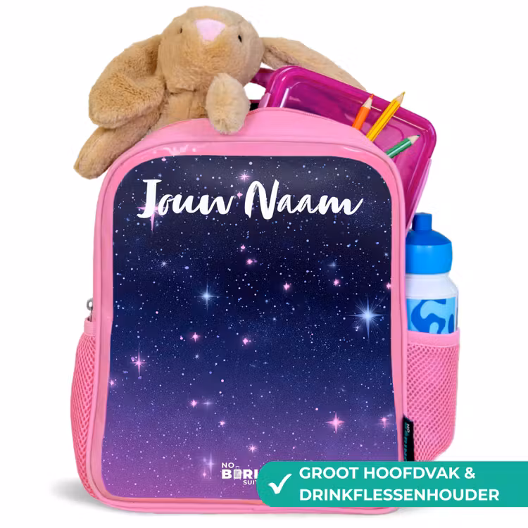 Sterren - Galaxy - Blauw - Roze Kinderrugzak - Roze middel -inhoud_NL