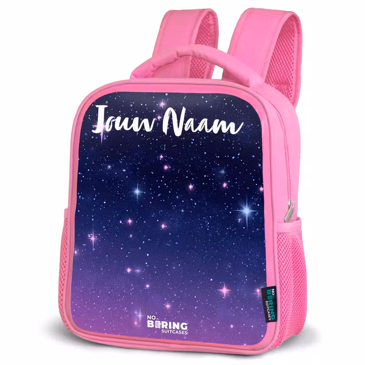 Sterren - Galaxy - Blauw - Roze Kinderrugzak - Roze middel -schuin