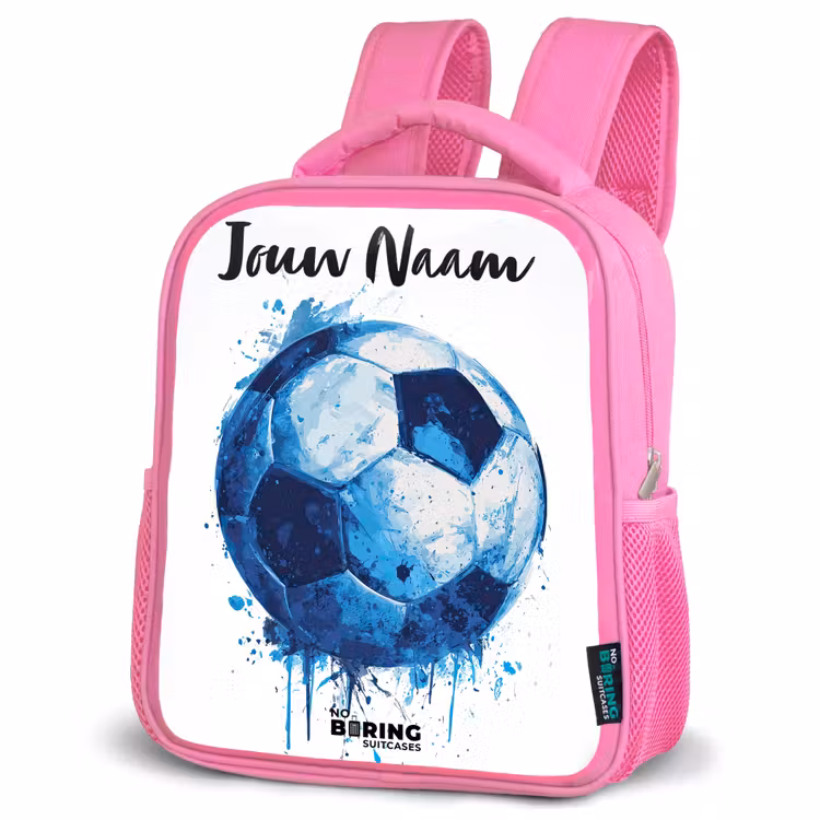Voetbalvibes - Inktspatten - Blauw Kinderrugzak - Roze middel -schuin