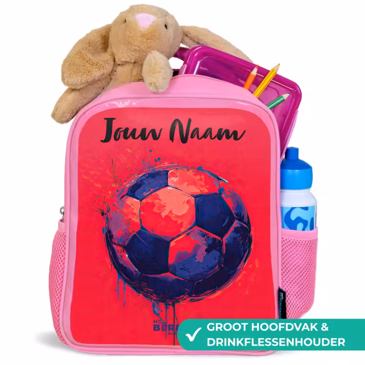 Voetbalvibes - Verf - Blauw - Rood Kinderrugzak - Roze middel -inhoud_NL