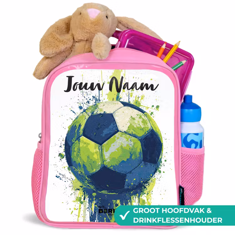 Voetbalvibes - Verf - Groen - Blauw Kinderrugzak - Roze middel -inhoud_NL
