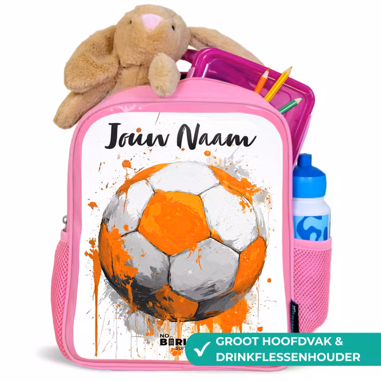 Voetbalvibes - Verf - Oranje Kinderrugzak - Roze middel -inhoud_NL