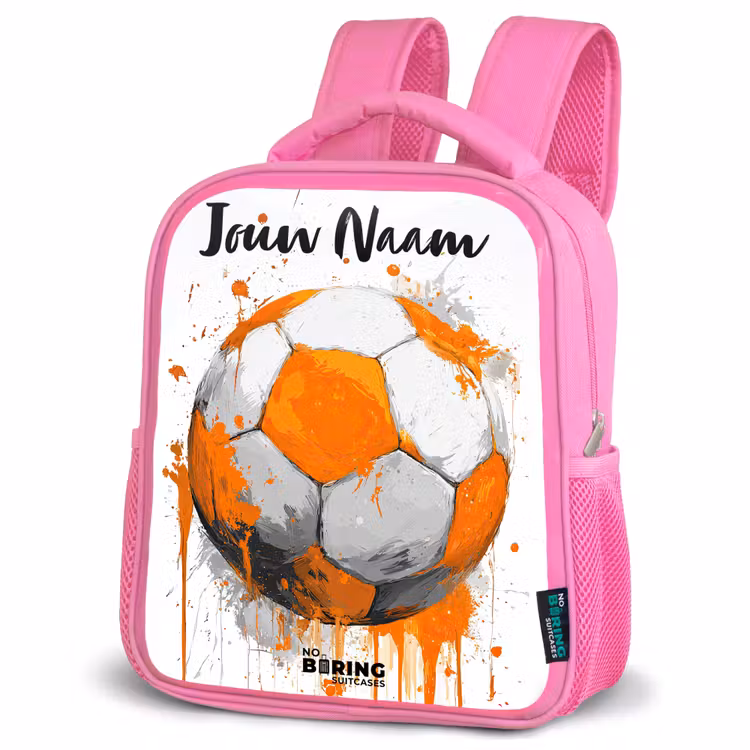 Voetbalvibes - Verf - Oranje Kinderrugzak - Roze middel -schuin