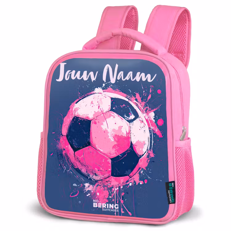 Voetbalvibes - Verf - Roze - Blauw Kinderrugzak - Roze middel -schuin