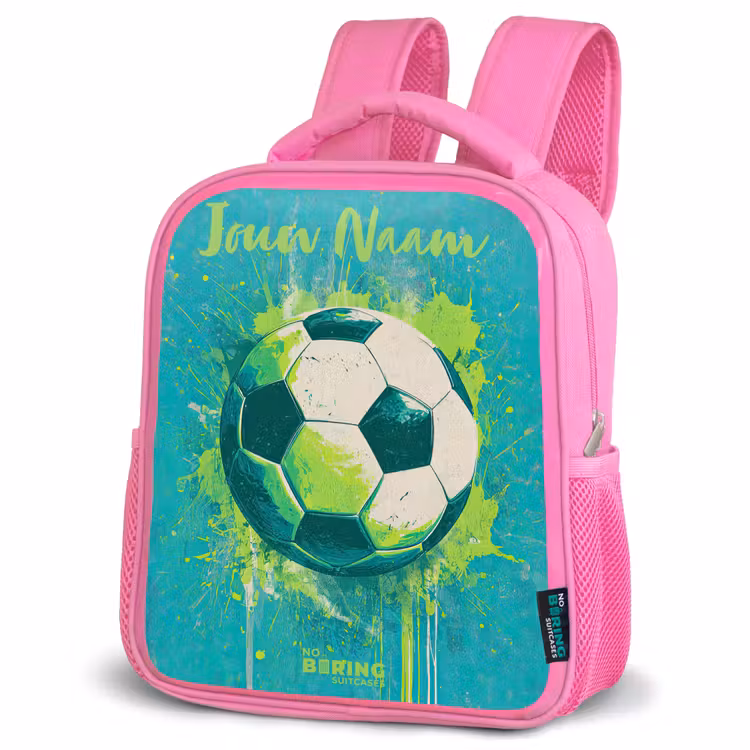 Voetbalvibes - Verfspatten - Groen - Blauw Kinderrugzak - Roze middel -schuin
